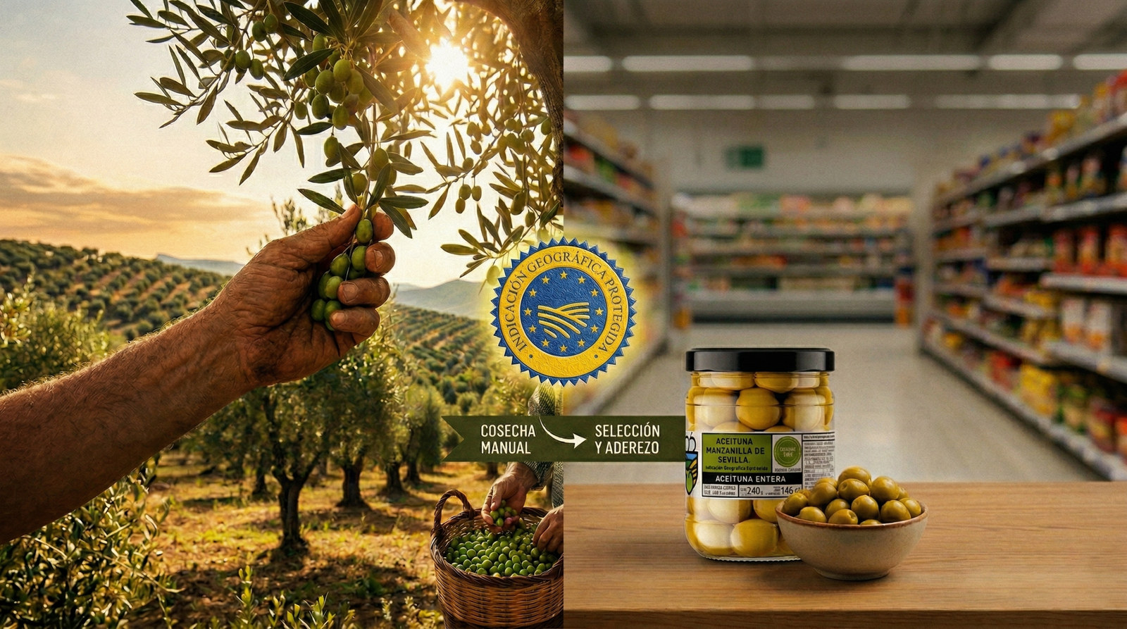 Del olivar al supermercado: cómo llega la aceituna Manzanilla de Sevilla con IGP a tu mesa