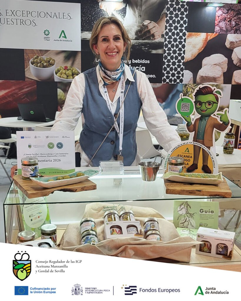 Stand del Consejo Regulador de las IGP Aceitunas Manzanilla y Gordal de Sevilla en Alimentaria Barcelona 2026.