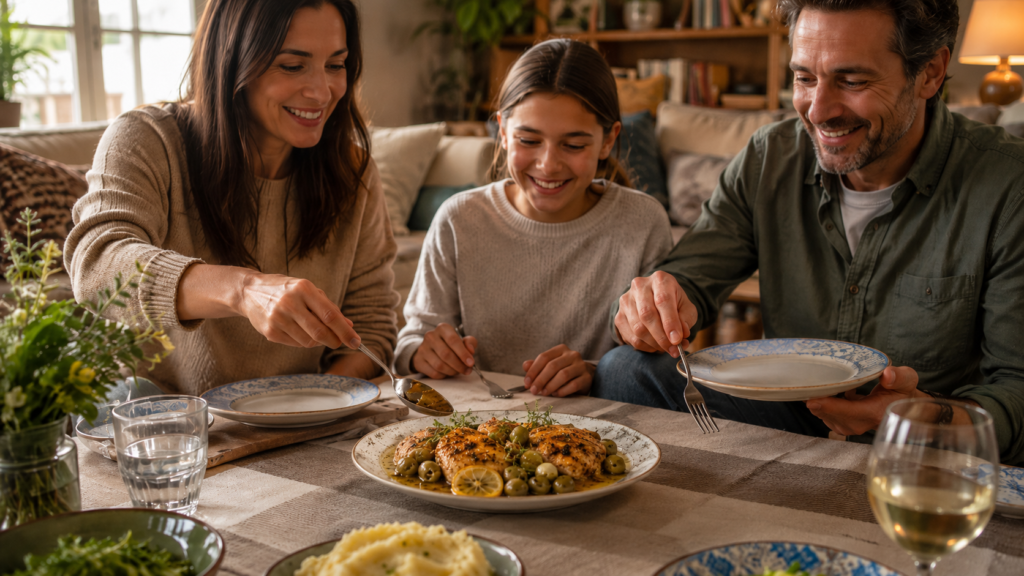 Pollo al limón con Aceitunas Manzanilla de Sevilla: un guiso mediterráneo lleno de sabor 5 Familia compartiendo nuestra receta de pollo al limón con aceitunas