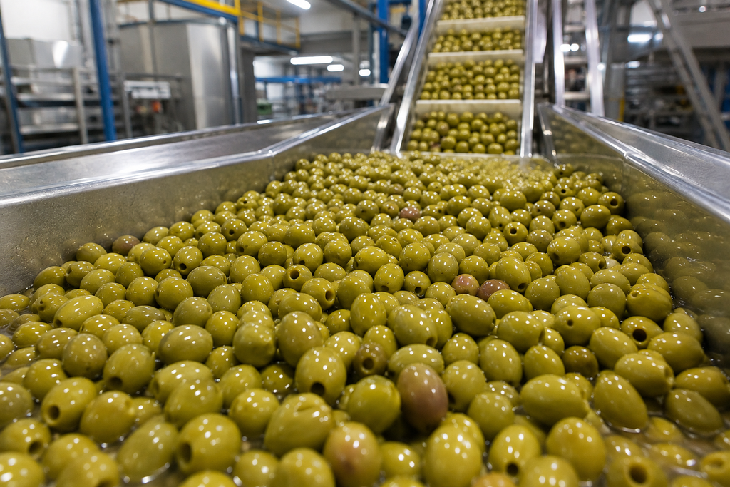 Existencias de aceituna de mesa en una línea industrial de procesado y elaboración.