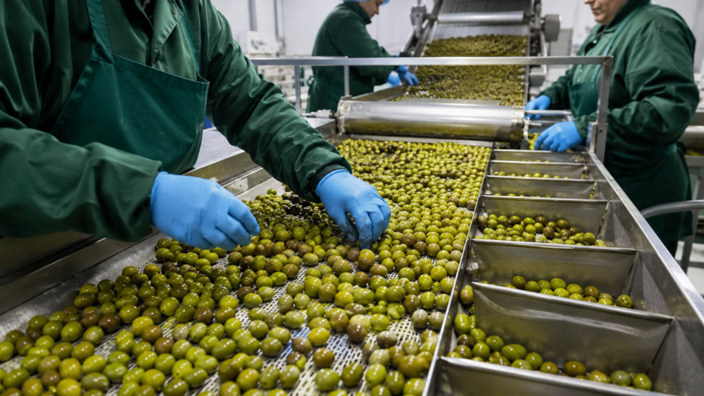 Clasificación de aceitunas de mesa durante el verdeo Sevilla 2026 en una línea de procesado industrial.