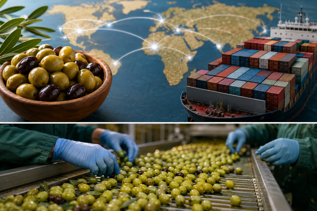 Comercio internacional de la aceituna de mesa representado en una línea de selección y procesado industrial.
