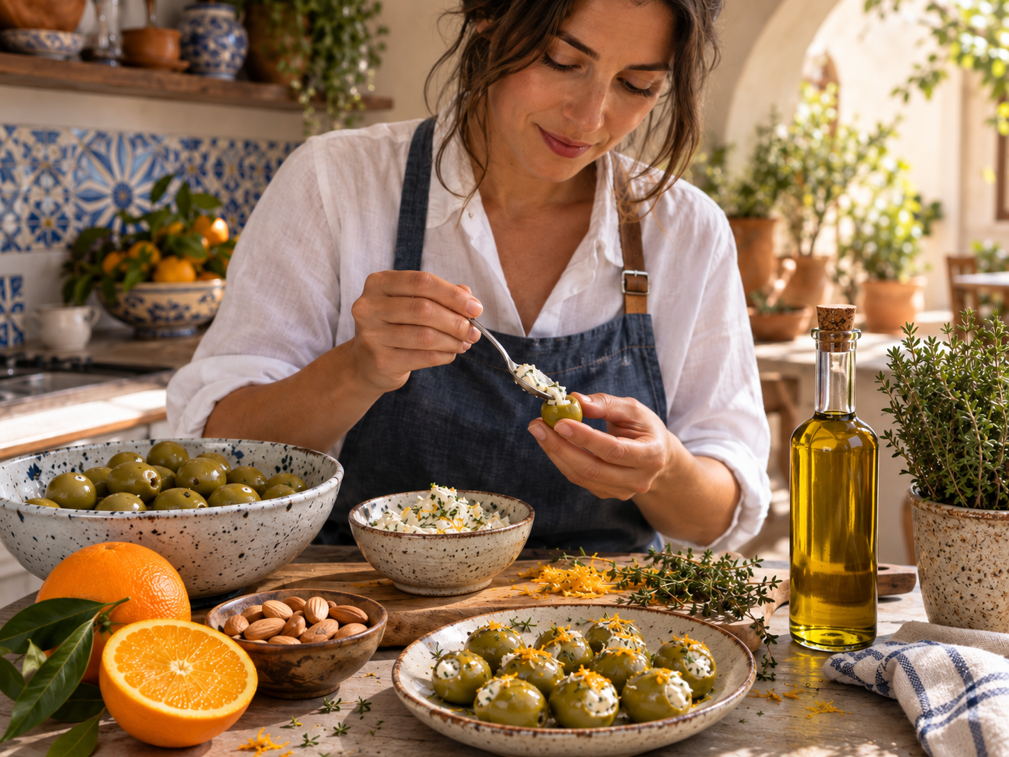 Aceitunas Gordal de Sevilla con IGP rellenas de queso de cabra, naranja y almendra 2 Mujer preparando Aceitunas Gordal de Sevilla con IGP rellenas de queso de cabra, naranja y almendra