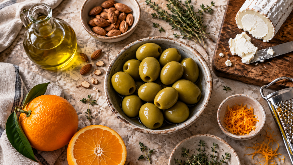 Aceitunas Gordal de Sevilla con IGP rellenas de queso de cabra, naranja y almendra 1 Ingredientes para preparar Aceitunas Gordal de Sevilla rellenas